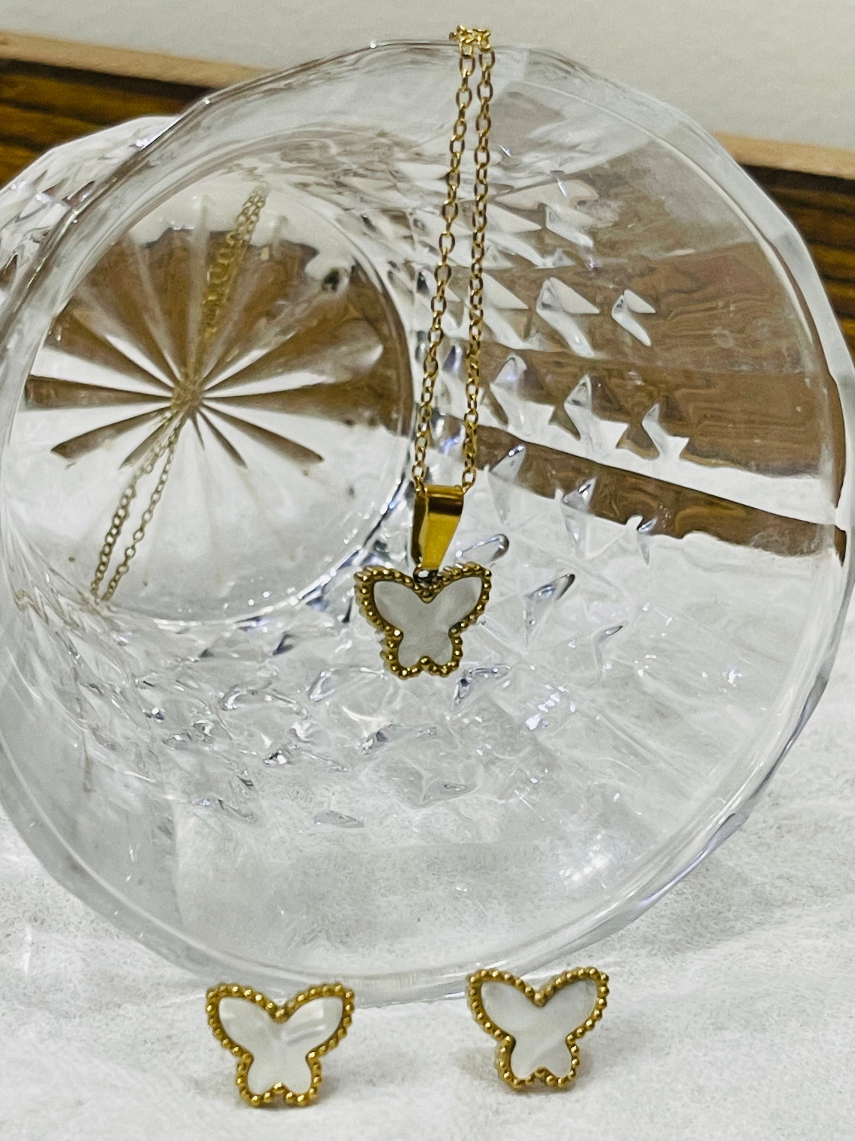 White Enamel Butterfly necklace Charm Set